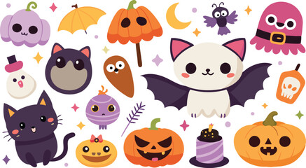 Naklejka premium Cute Halloween Clipart: Kawaii Pumpkins, Bats, Cats, Ghosts & Spooky Elements - Vector Graphics for Halloween Designs & Crafts