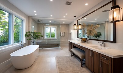 Fototapeta premium Modern bathroom with large windows and a soaking tub