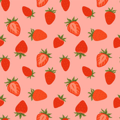 Seamless pattern with strawberries on pink background. Cute colorful spring pattern for fabric, wrapping paper, clothes.
