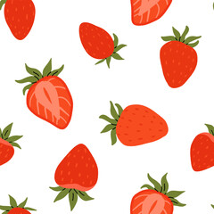 Seamless pattern with strawberries on white background. Cute colorful spring pattern for fabric, wrapping paper, clothes.