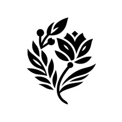 Elegant Black Floral Silhouette Design. Stylized Botanical Flower, Leaves, Berries. Simple Graphic Ornament Icon.