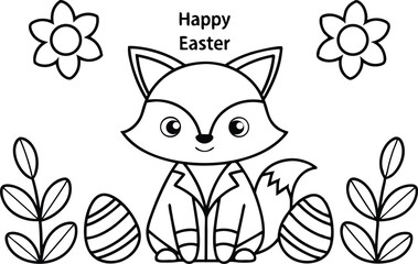 Fox with Happy Easter Greeting, Flowers and Eggs in Outline Style