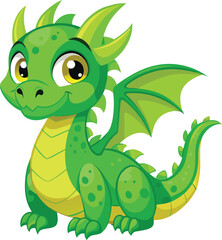 Fototapeta premium Cute Green Dragon Cartoon Vector Illustration: Friendly Baby Dragon Character with Wings, Horns, and Big Eyes for Kids Design