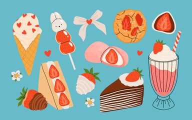 Strawberry set. Summer refreshing drinks, sweets and desserts with taste of strawberries. Chocolate strawberry. Flowers, petals, strawberries. Flat Vector illustration isolated on white background