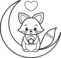 Cute Fox Holding Star Sitting on Moon with Heart Shape Outline, Transparent