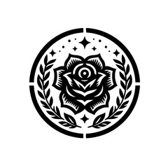 Elegant Monochrome Rose Emblem with Laurel Wreath and Stars in Circle, Graphic Illustration for Design or Logo