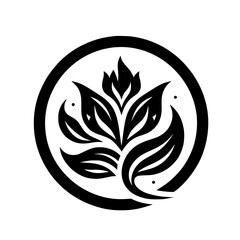Minimalist Stylized Floral Emblem Icon in Circle - Black and White Graphic Design