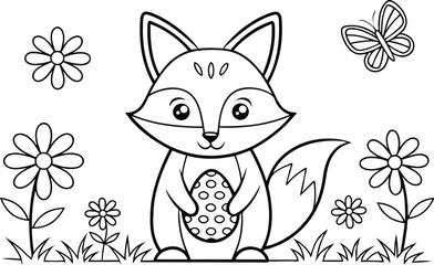 Fox holding decorated Easter egg with butterfly and flower outlines