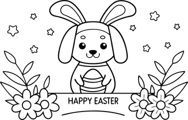 Easter Bunny Holding Egg with Floral Design and Stars Line Art on Transparent Background