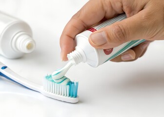 toothbrush with toothpaste. Closeup of a toothbrush and toothpaste on blurred background. close-up of a toothbrush and toothpaste in a woman’s hands. White toothbrush with blue swirl of toothpaste