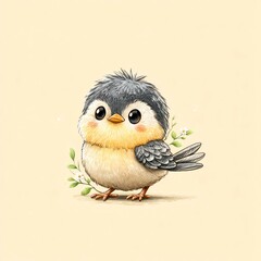 Naklejka premium Bird thread staring Cute cartoon bird with fluffy feathers. bird meme reaction