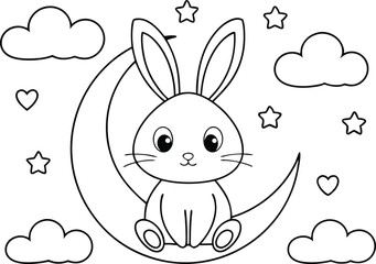 Outline Rabbit on Moon with Stars and Clouds, Cute Bunny Sitting Clipart