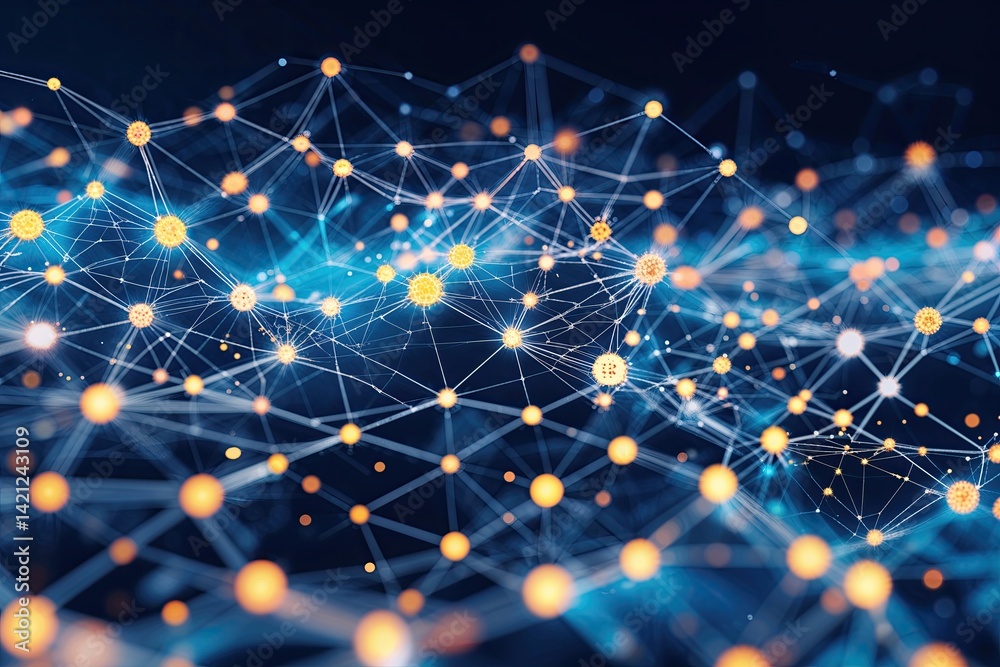 Poster an abstract digital network visualization showcasing blockchain innovation and connectivity