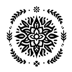 Minimalist Black and White Graphic Floral Mandala and Leaf Wreath Design Element
