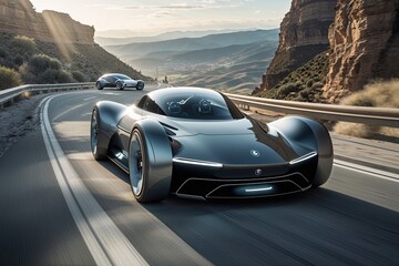 Obraz premium Craft a Visionary Realm of High-Tech Vehicles Zooming into the Horizon of Innovation