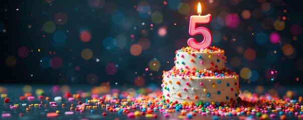 A colorful birthday cake with candle and sprinkles celebrating a child's fifth birthday.