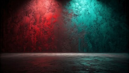 Fototapeta premium Empty room with red and blue spotlights on grunge concrete wall Old grunge wall with wooden floor and spotlights. 3D rendering