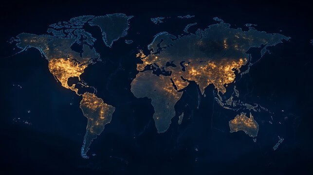 Illuminated world map with city lights showing population density and urbanization at night view from space