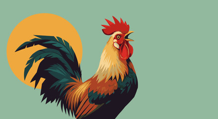 Vibrant Rooster Vector Illustration - Colorful Farm Animal Graphic with Sun Background