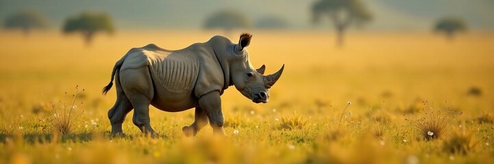 Fototapeta premium A majestic rhinoceros walking through a golden grassland in the wild.