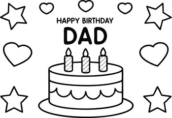 Cake With Candles, Stars, and Hearts for Dad Birthday, Line Art