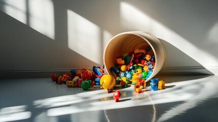 Toys placed in a round open storage bin, spilling out onto glossy white floor with shadow and reflection