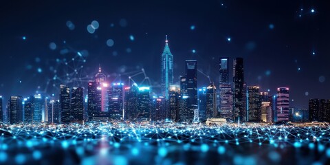 Obraz premium A vibrant city skyline illuminated at night with digital network elements.
