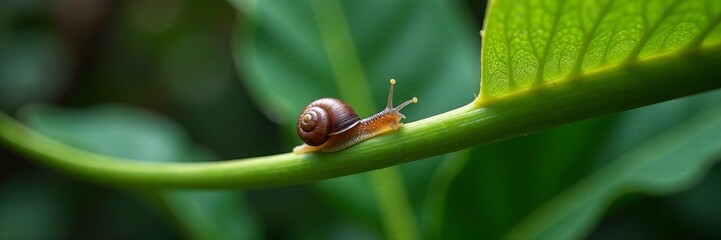 A small snail crawling on a green leaf in a lush environment.