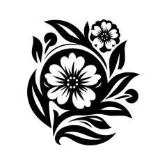 Elegant Black & White Floral Motif. Stylized Flower & Leaf Decorative Element for Design.