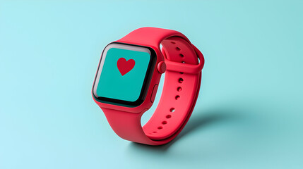 Red Smartwatch with Heart Rate Monitor on Turquoise Background