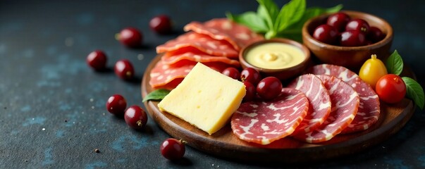 A vibrant platter of assorted meats, cheese, and fresh fruits on a dark background.