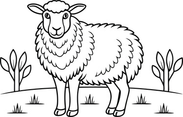Outline sheep on field drawing for coloring book with trees and grass design