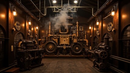 Vintage Engine Room with Steam and Industrial Design