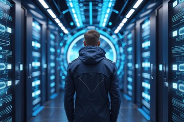 Fototapeta premium Imaginative Cybernetic Systems Backdrop for Information Security and Data Transmission in Electric Blue Wallpaper