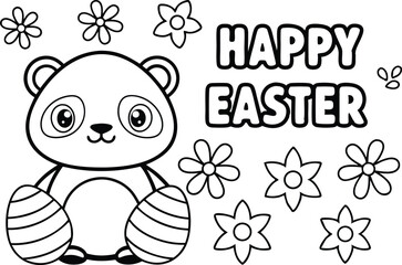 Cartoon Panda Holding Easter Eggs with Flowers and Happy Easter Text Outline