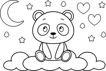 Panda Sitting On Cloud With Moon, Stars, And Hearts On White Background