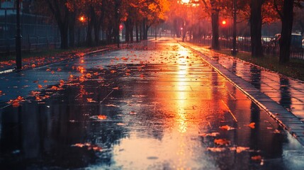 Autumnal Cascade: A wet pedestrian walkway with orange reflections