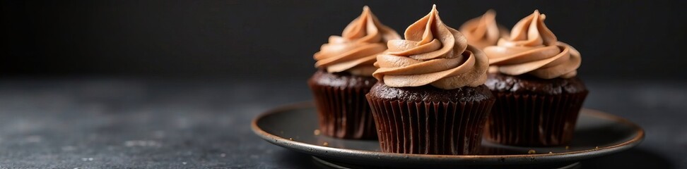 Delicious chocolate cupcakes with creamy frosting on a dark background.