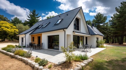 Modern home exterior with patio and landscaping in sunny setting