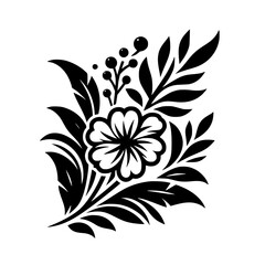 Elegant Stylized Black and White Floral Graphic Illustration with Leaves and Berries Isolated Botanical Element