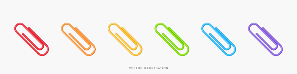 Obraz premium 3D Rainbow glossy Paper clip emoji icon set. Office paperclips. School supplies. Stationery elements. Attach document. Cartoon design objects isolated on white. 3D Vector Illustration