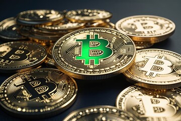 Shiny Blockchain Coins with Green Emblem on Dark Background