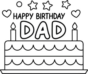 Happy Birthday Dad Cake with Candles, Hearts, Stars and Circle on White Background