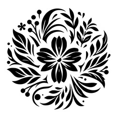 Graphic Black Floral and Leaf Swirl Ornament - Elegant Decorative Illustration