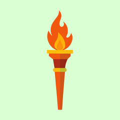 Orange Olympic torch with burning flame against a pale green background