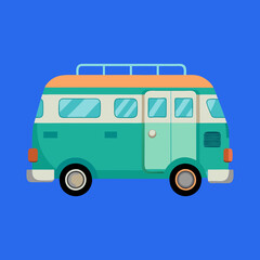 Retro Camper Van Illustration with Surf Vibes and a Blue Background