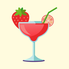 Refreshing Summer Cocktail Illustration with Strawberry and Citrus Garnishes, Flat Style