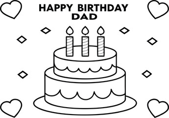Dad's Birthday Cake Line Art with Candles Hearts and Diamond Shapes, Celebration Outlines