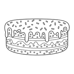 Simple Outline Cake Illustration with Sprinkles & Drip Frosting - Black & White Line Art for Coloring Pages, Celebrations, Party, & Design