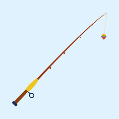 Cartoon fishing rod with bobber against light blue background is isolated